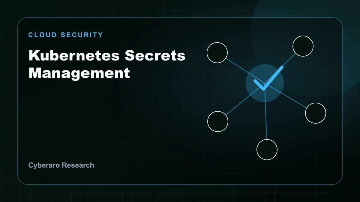 Kubernetes secrets management illustration showing encrypted vaults, workload identity, policy links, and protected cluster nodes.