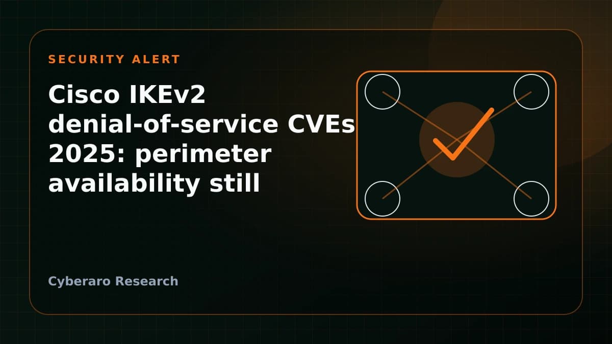 Cisco IKEv2 denial-of-service alert illustration with perimeter gateway and tunnel disruption warning.