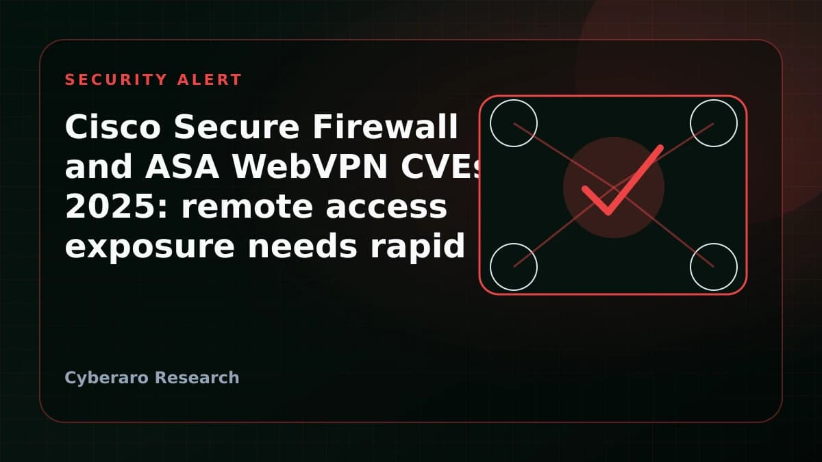 Cisco firewall and WebVPN security alert illustration with exposed remote access portal and patch warning.