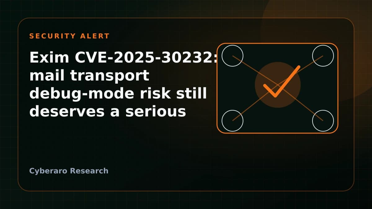 Exim security alert illustration showing mail transport service risk and patch validation steps.