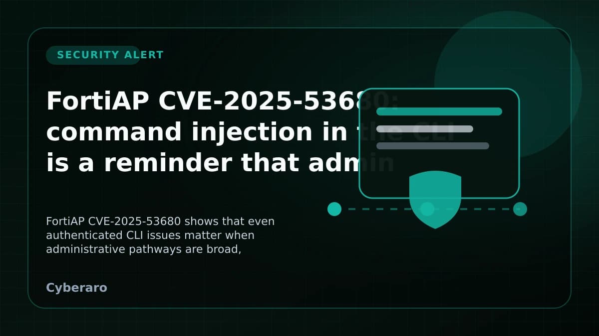 FortiAP security alert cover image showing wireless access points, an admin console, and a command injection warning.