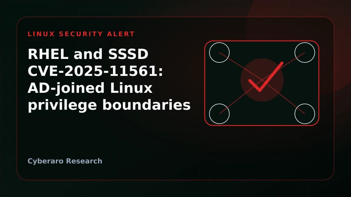 Red Hat Linux security alert illustration showing AD-joined hosts, identity trust, and privilege boundary warning.