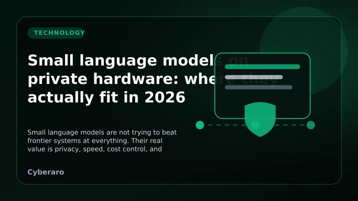 Small language models technology cover image showing local inference hardware, fast responses, and private AI workflows.