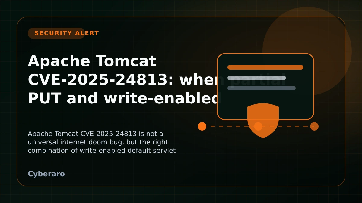 Apache Tomcat security alert cover image showing an upload path, partial PUT handling, and a web server warning symbol.