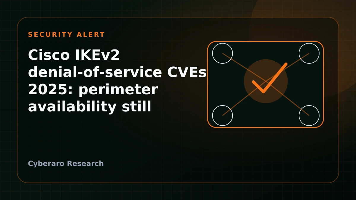 Cisco IKEv2 denial-of-service alert illustration with perimeter gateway and tunnel disruption warning.
