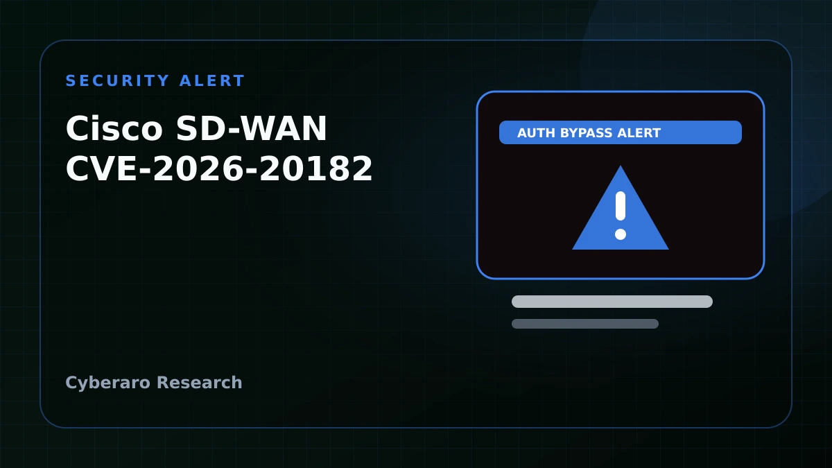 Cisco SD-WAN security alert illustration showing a critical controller authentication bypass, network fabric risk, and urgent upgrade warning.