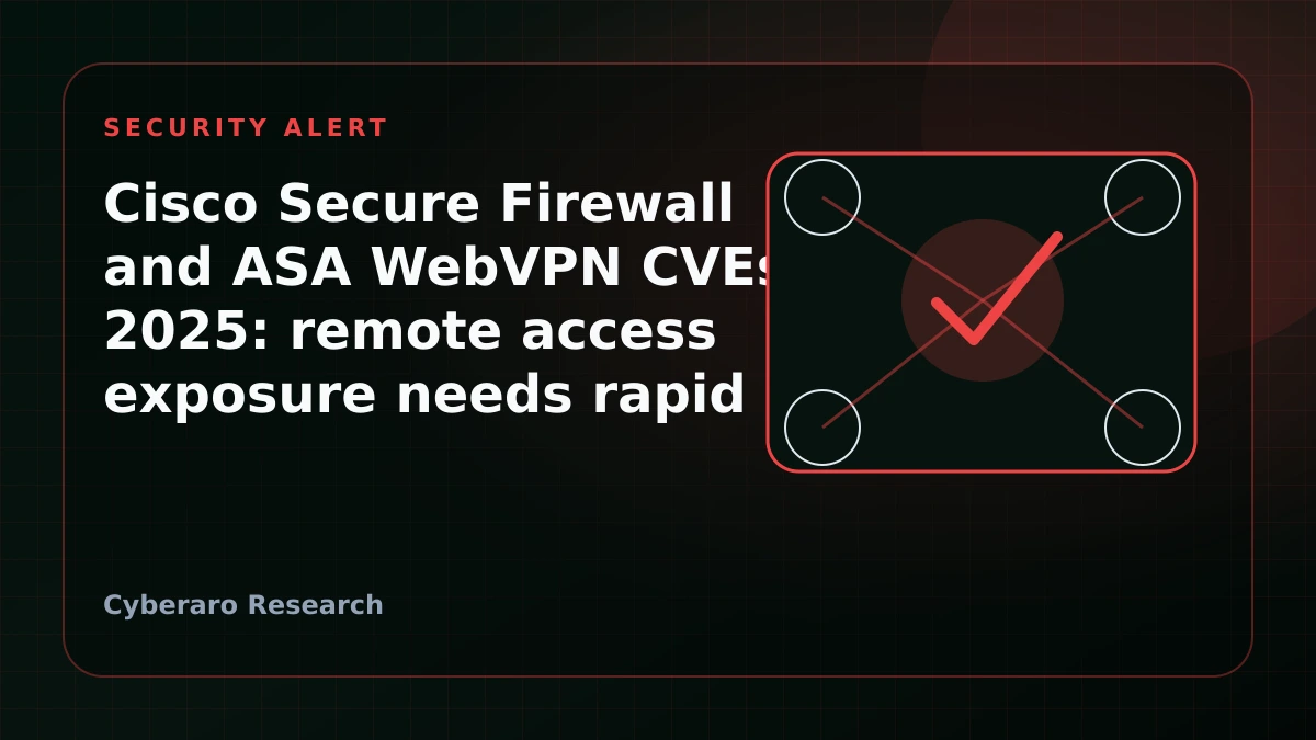 Cisco firewall and WebVPN security alert illustration with exposed remote access portal and patch warning.