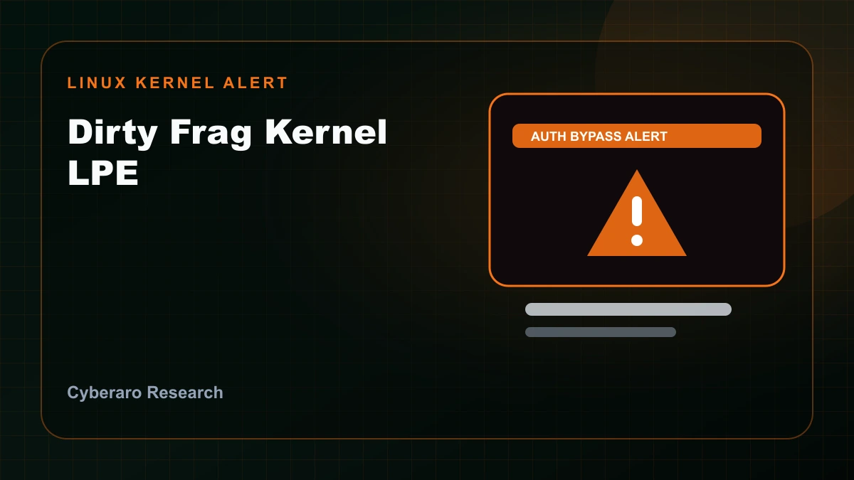 Linux kernel Dirty Frag vulnerability illustration showing local privilege escalation, kernel modules, and patch guidance.