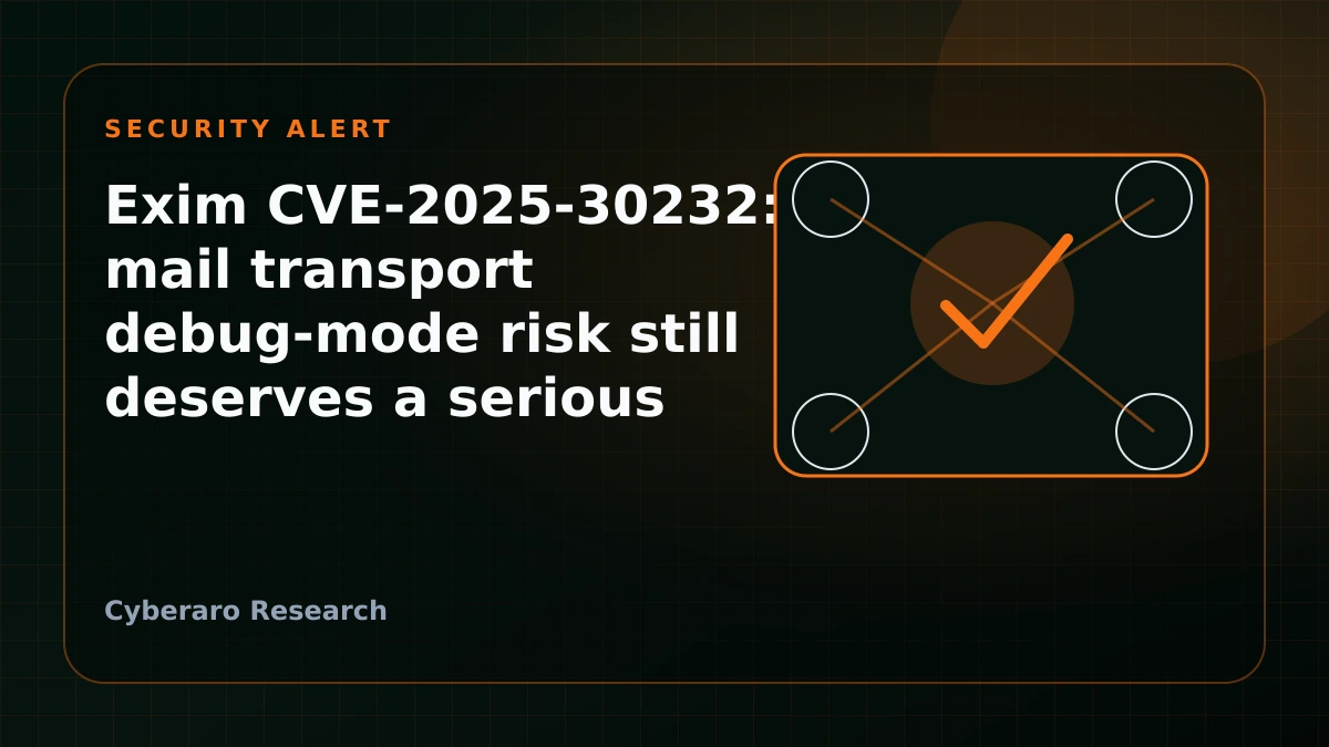 Exim security alert illustration showing mail transport service risk and patch validation steps.