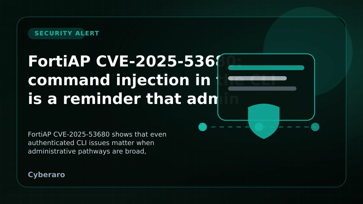 FortiAP security alert cover image showing wireless access points, an admin console, and a command injection warning.