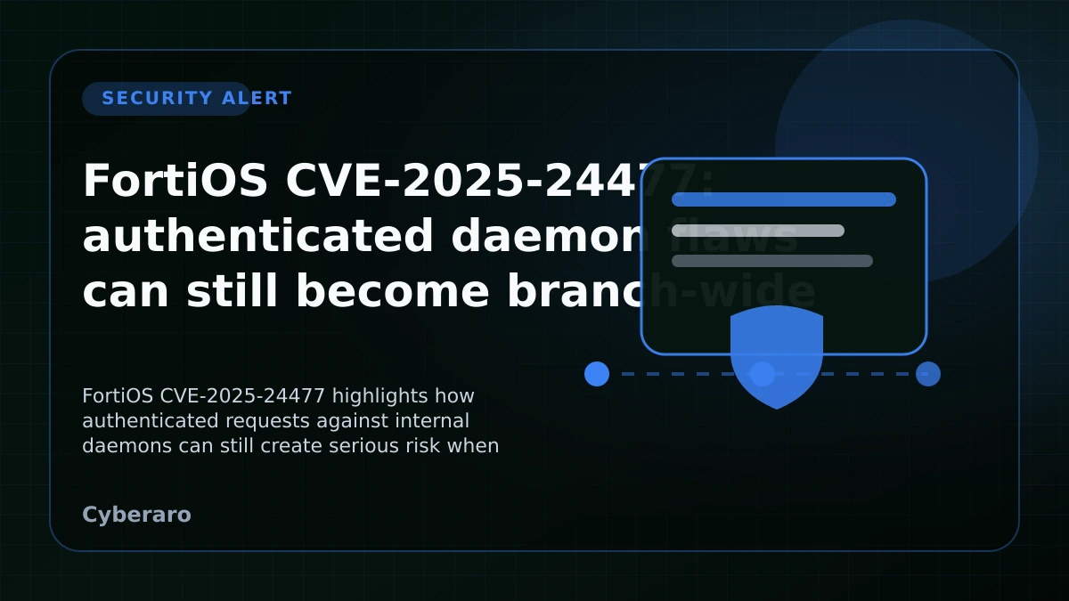 FortiOS security alert cover image showing a firewall appliance, branch connections, and a daemon warning icon.
