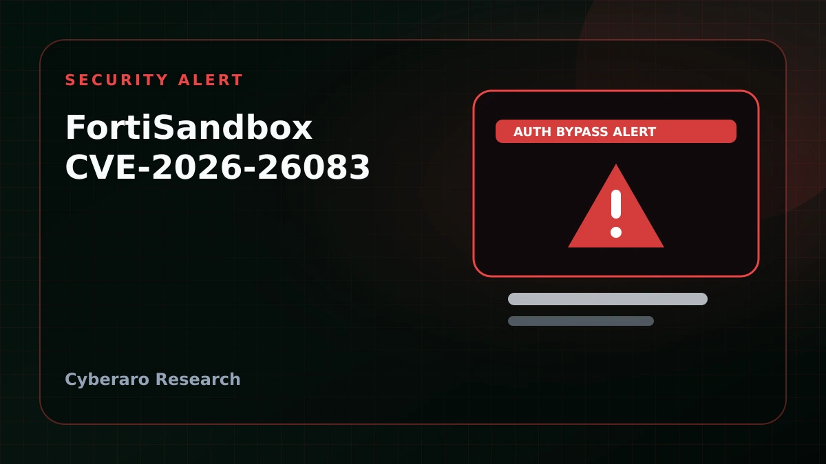 FortiSandbox vulnerability illustration showing an exposed web UI, unauthorized command execution risk, and patch priority indicators.