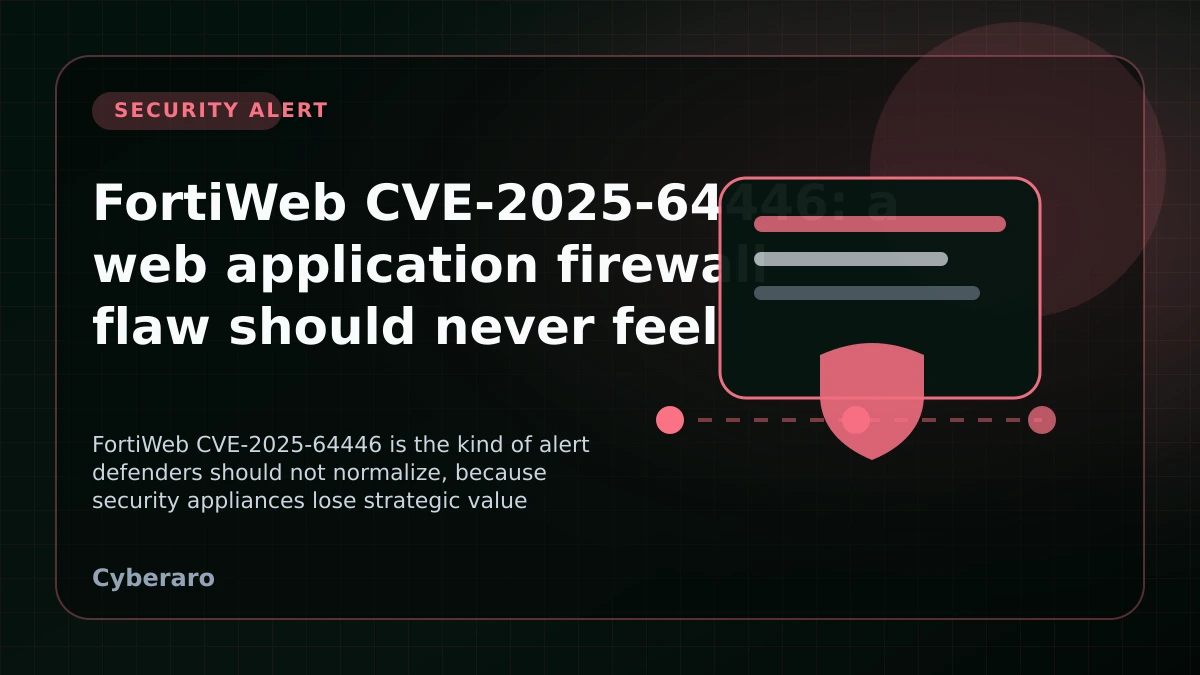 FortiWeb security alert cover image showing a web application firewall at the internet edge with a warning indicator.