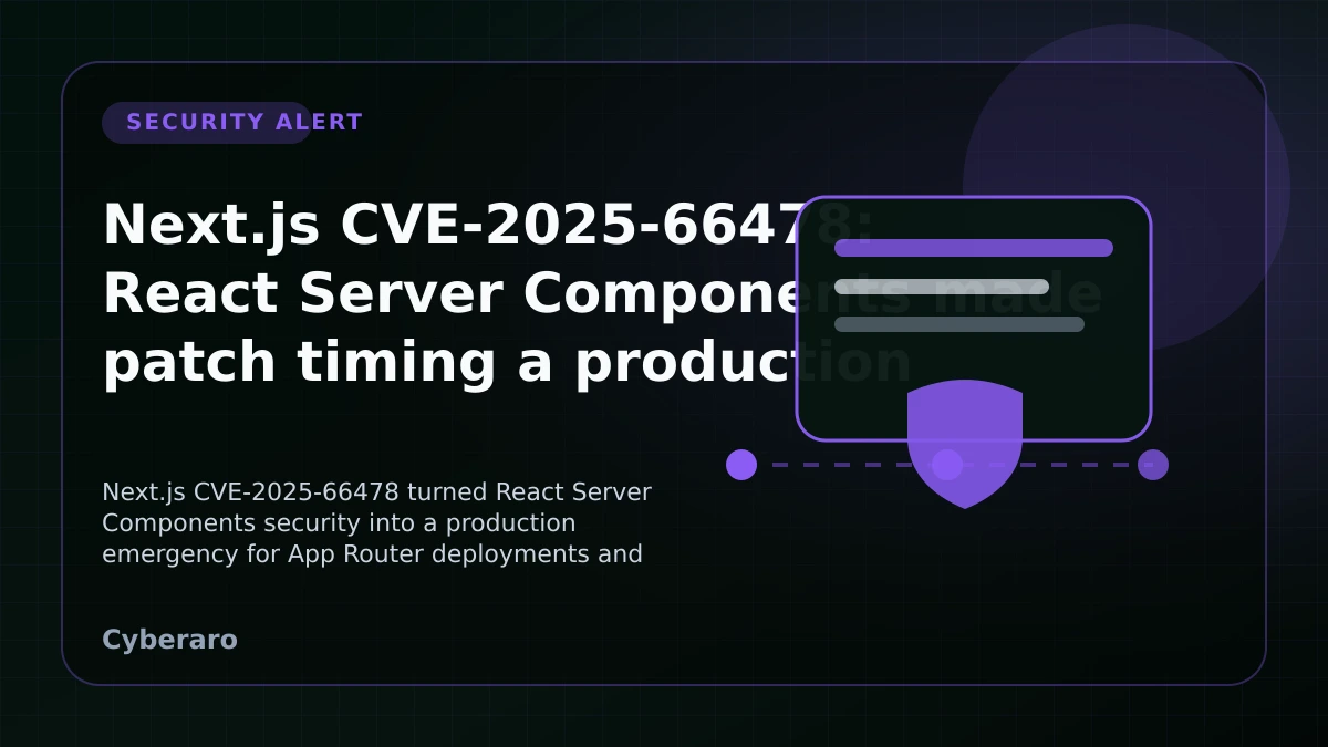 Next.js React Server Components security alert cover image showing a server-rendering pipeline and a critical patch warning.