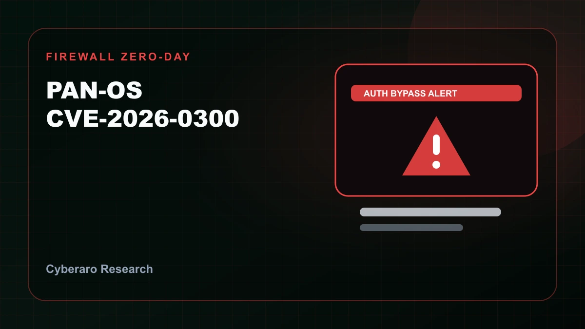 PAN-OS firewall vulnerability illustration showing an exposed authentication portal, critical CVE alert, and mitigation controls.