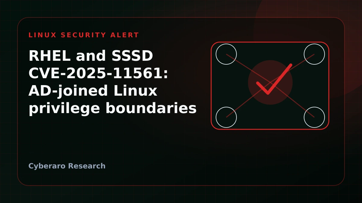 Red Hat Linux security alert illustration showing AD-joined hosts, identity trust, and privilege boundary warning.