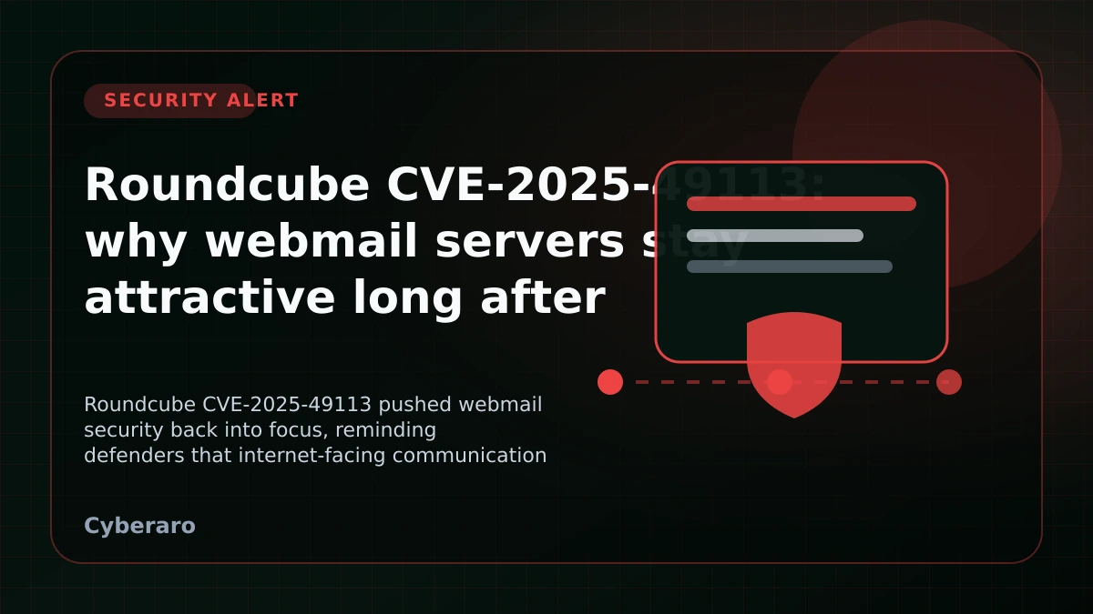 Roundcube webmail security alert cover image showing an inbox interface and a remote code execution warning.