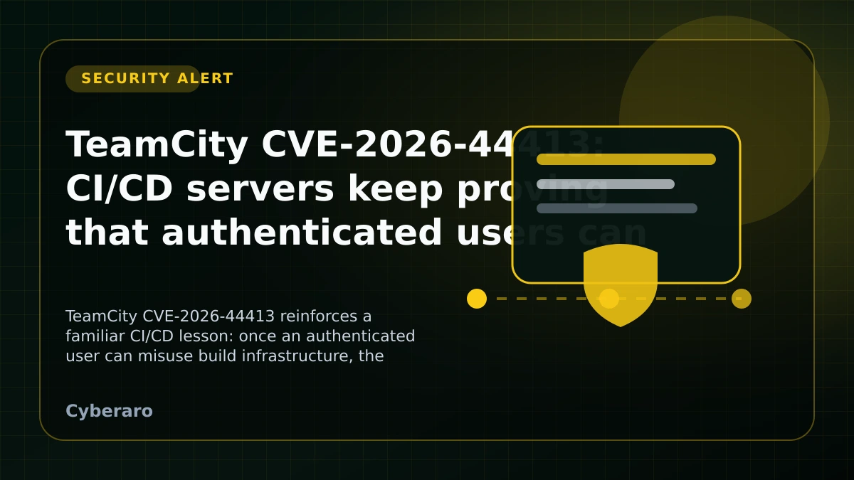 TeamCity security alert cover image showing a CI/CD pipeline, build server, and authenticated exposure warning.